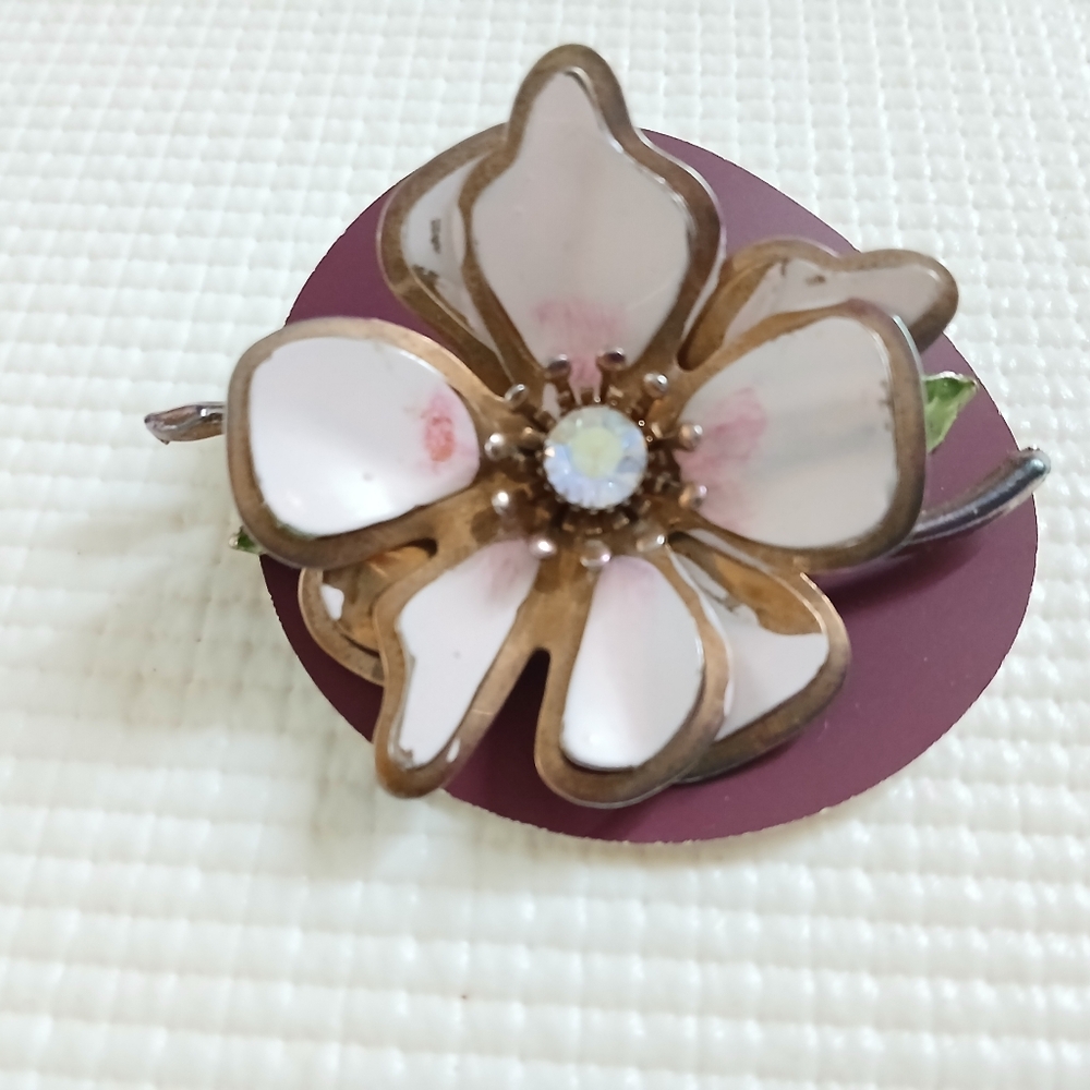 Vintage Pink Gold Enamel  3D Flower Brooch, large, metal,3",rhinestone, mint